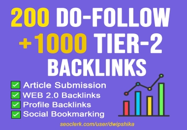 Premium 200 Mixed+ 1000 Tier-2 White Hat SEO Backlinks for Ranking