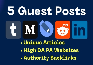 Write and Publish 5x Guest posts on Medium,  LinkedIn,  livejournal,  ko-fi & tumbler. com