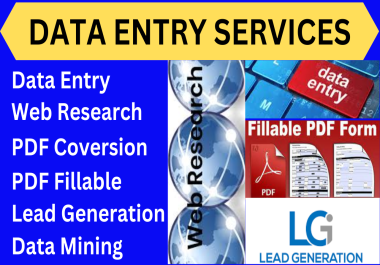 Data Entry service,  Web research,  PDF Conversion,  PDF Fillable,  Lead Generation,  Data mining
